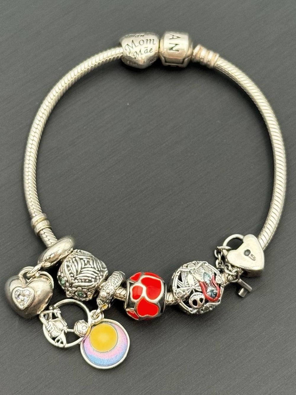 Jewelry Pandora 925 sterling silver gold  7.5” charm bracelet with 7 charms